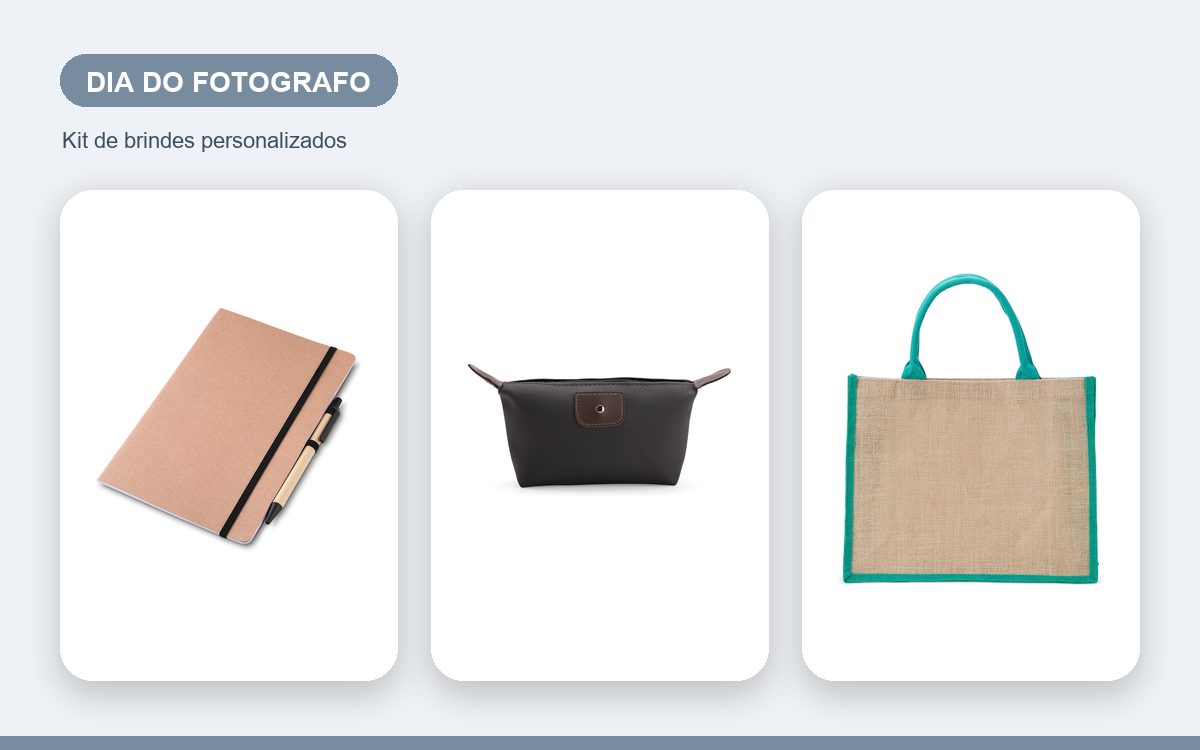 Kit de brindes personalizados — Ideias de brindes para o Dia do Fotógrafo com a marca da empresa