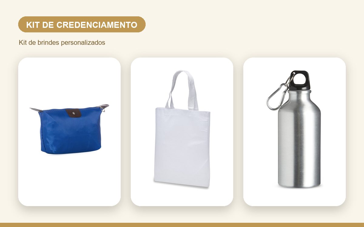 Brindes personalizados com a sua marca — Kit de credenciamento para eventos: crachá, sacola e brinde