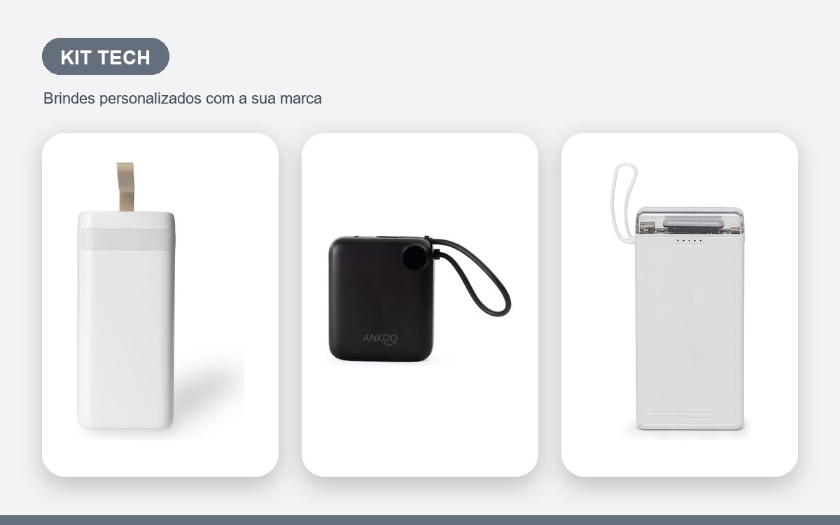 Brindes personalizados com a sua marca — Kit tech personalizado: power bank, fone e pen drive com a sua marca