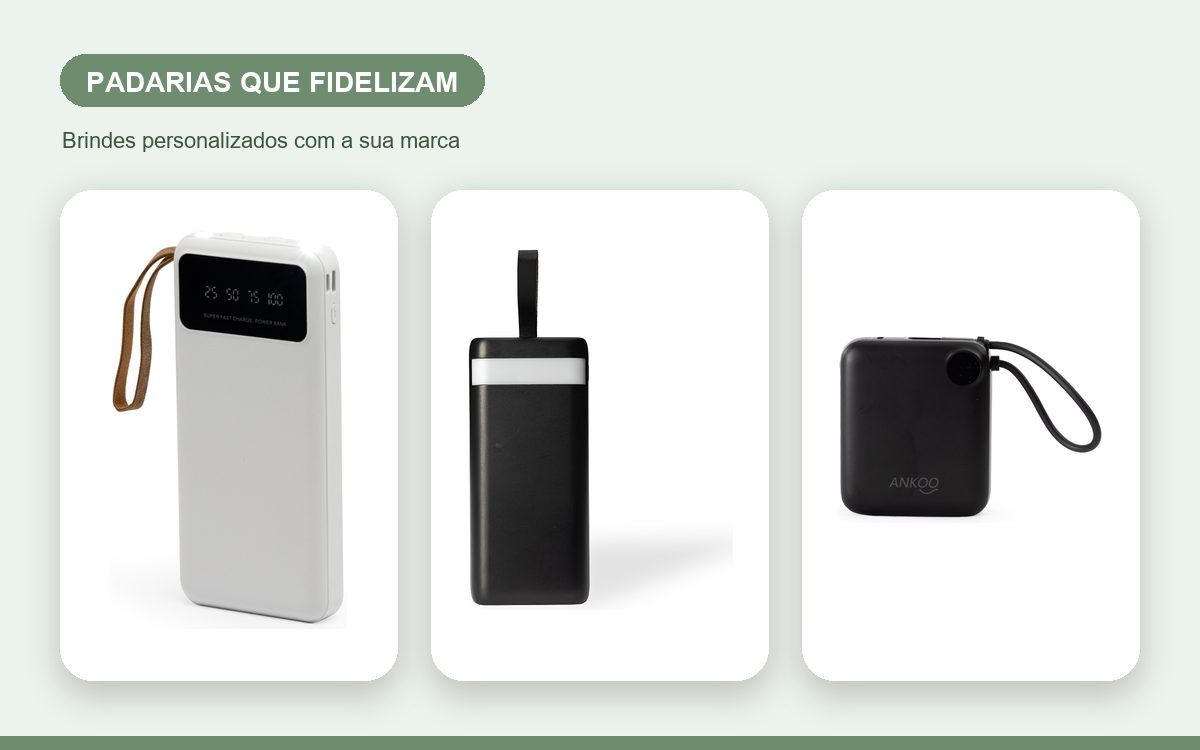 Brindes personalizados com a sua marca — Power banks personalizados para padarias que fidelizam