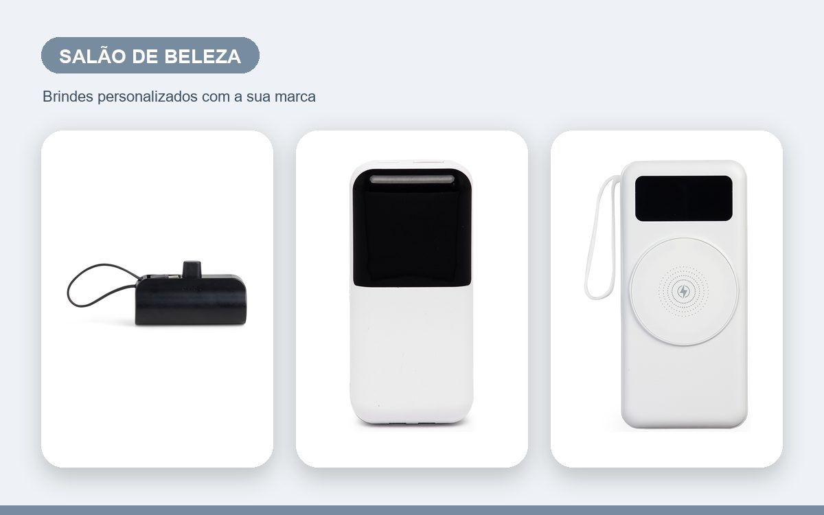 Brindes personalizados com a sua marca — Power banks personalizados para salão de beleza