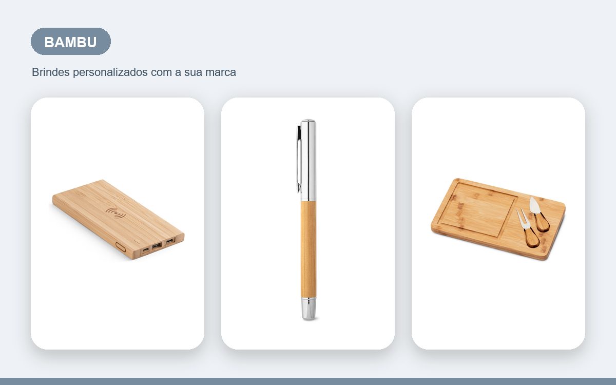 Brindes personalizados com a sua marca — Produtos de bambu personalizados no atacado e volume