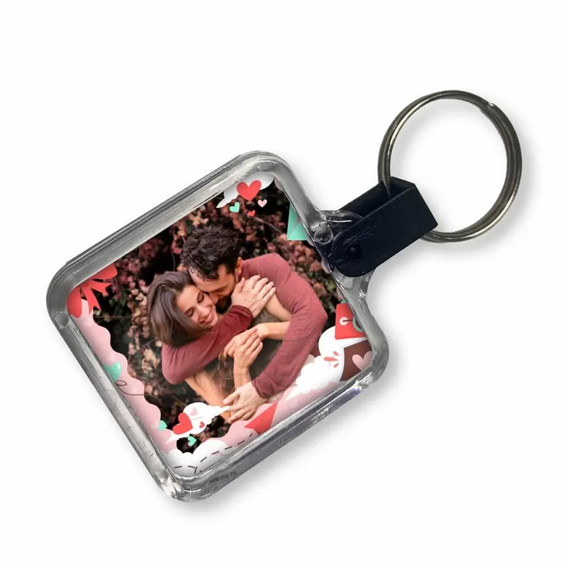 Chaveiro de Acrílico com Foto · Modelo Quadrado · Presilha personalizado com a sua marca