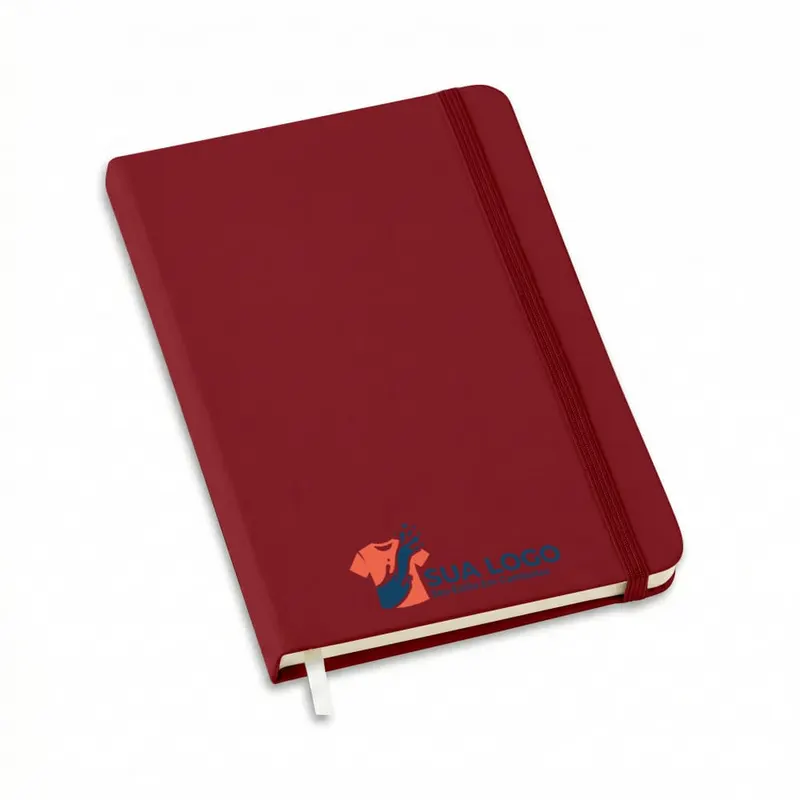 Caderneta · Tipo Moleskine · Abertura Horizontal · Miolo Padrão com Pauta com Porta Caneta · Capa Vermelho Escuro personalizado com a sua marca