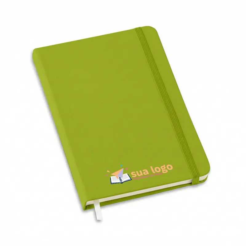 Caderneta · Tipo Moleskine · Abertura Horizontal · Miolo Padrão com Pauta com Porta Caneta · Capa Verde Clara personalizado com a sua marca