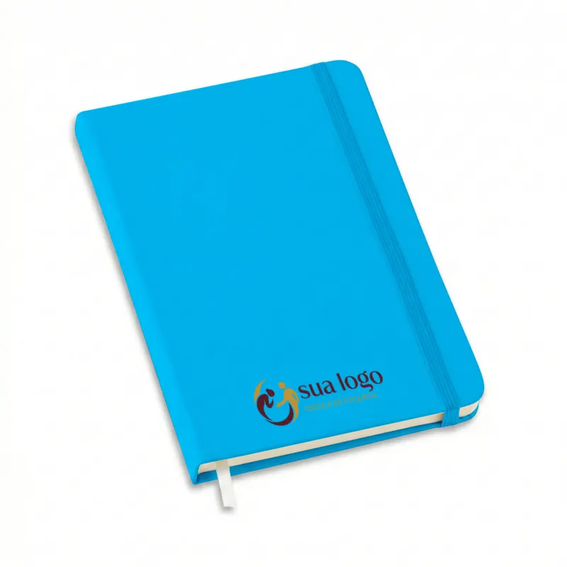 Caderneta · Tipo Moleskine · Abertura Horizontal · Miolo Padrão com Pauta com Porta Caneta · Capa Azul Claro personalizado com a sua marca