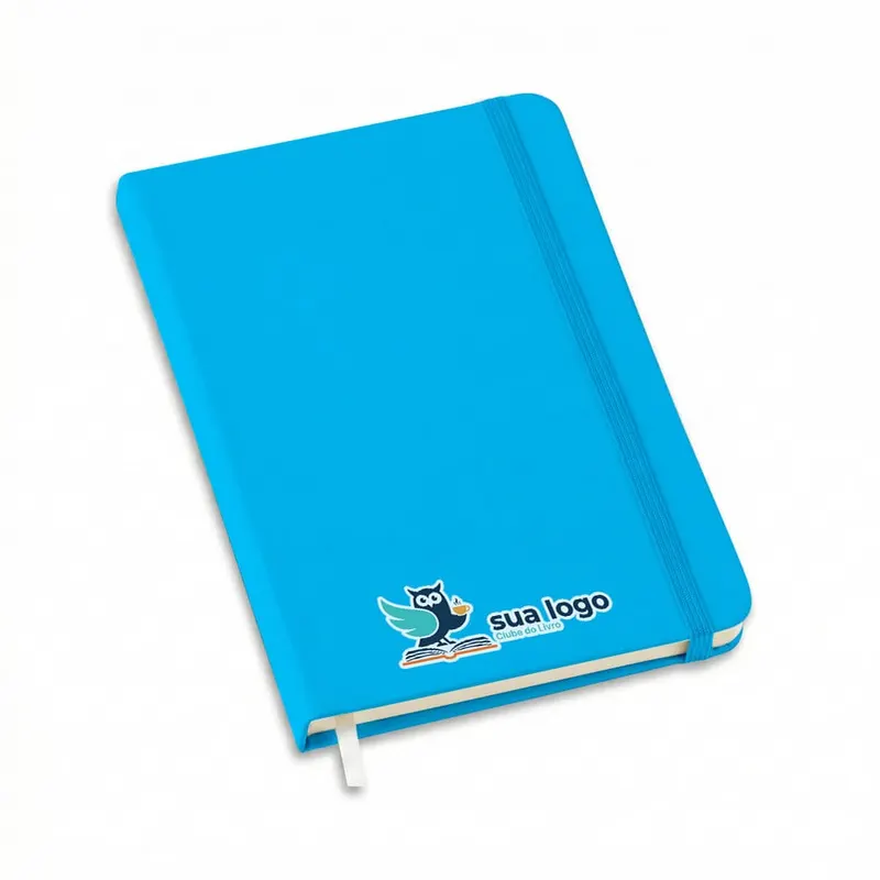 Caderneta · Tipo Moleskine · Abertura Horizontal · Miolo Padrão com Pauta com Porta Caneta · Capa Azul Clara personalizado com a sua marca