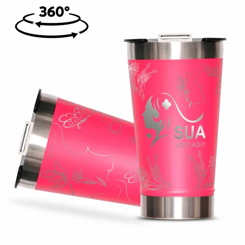Copos · Gravação 360 · Copos Térmicos · Modelo com Abridor · 470ml · Linha Promocional · Rosa personalizado com a sua marca