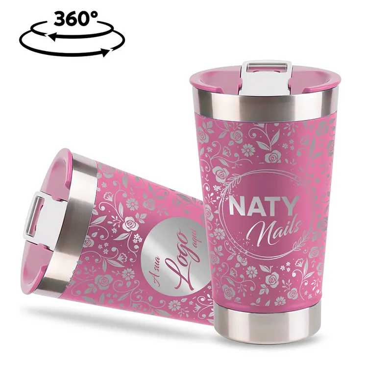 Copos · Gravação 360 · Copos Térmicos · Modelo com Abridor · 470ml · Linha Premium · Rosa com Tampa personalizado com a sua marca