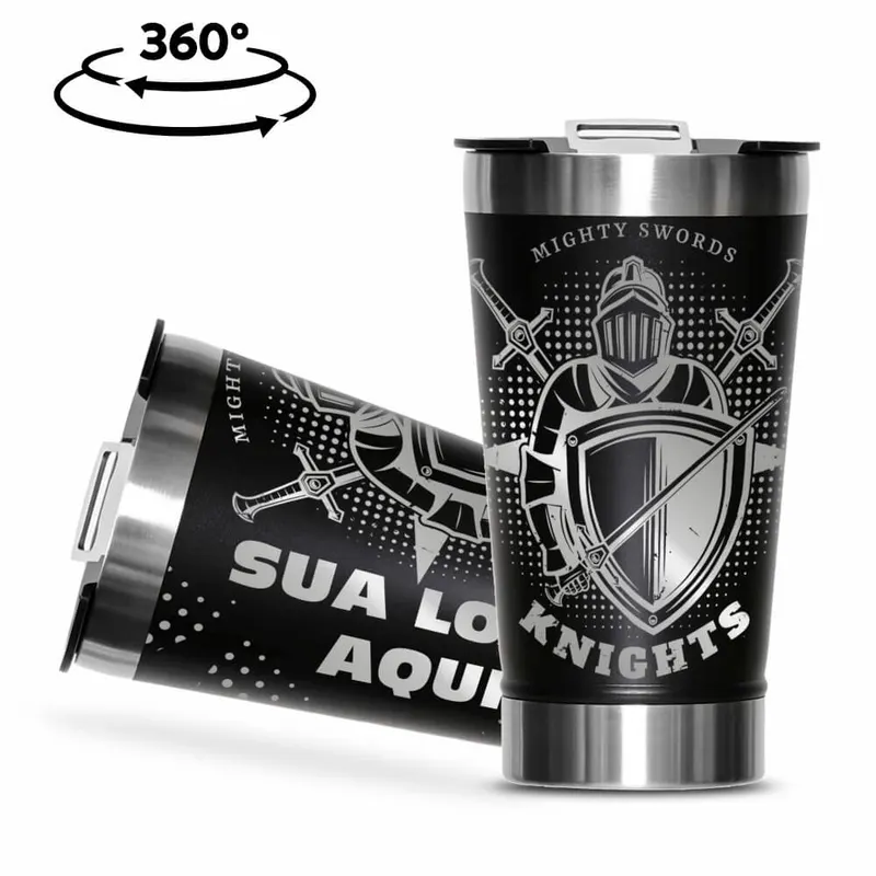 Copos · Gravação 360 · Copos Térmicos · Modelo com Abridor · 470ml · Linha Premium · Preto com Tampa personalizado com a sua marca