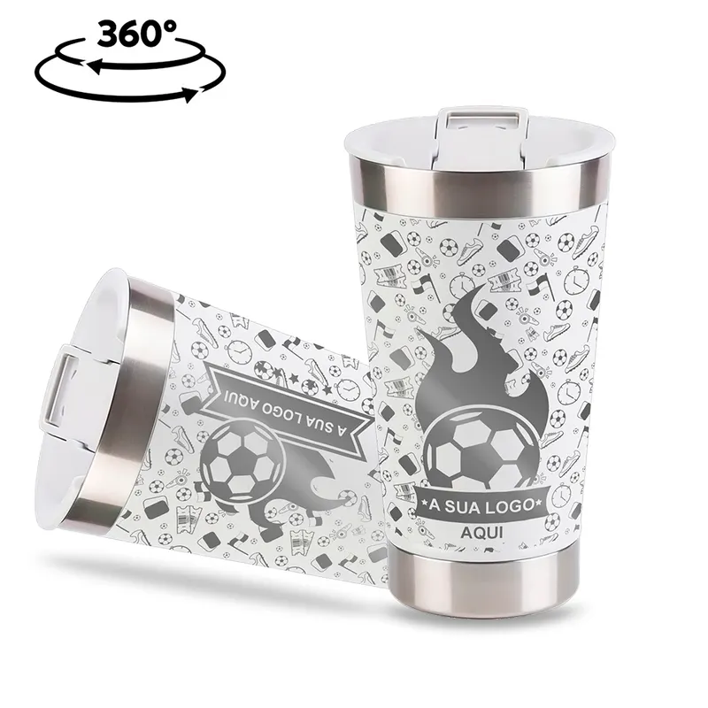 Copos · Gravação 360 · Copos Térmicos · Modelo com Abridor · 470ml · Linha Premium · Branco com Tampa personalizado com a sua marca