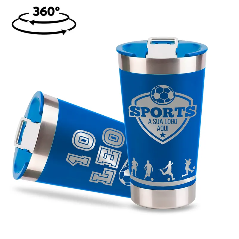 Copos · Gravação 360 · Copos Térmicos · Modelo com Abridor · 470ml · Linha Premium · Azul com Tampa personalizado com a sua marca