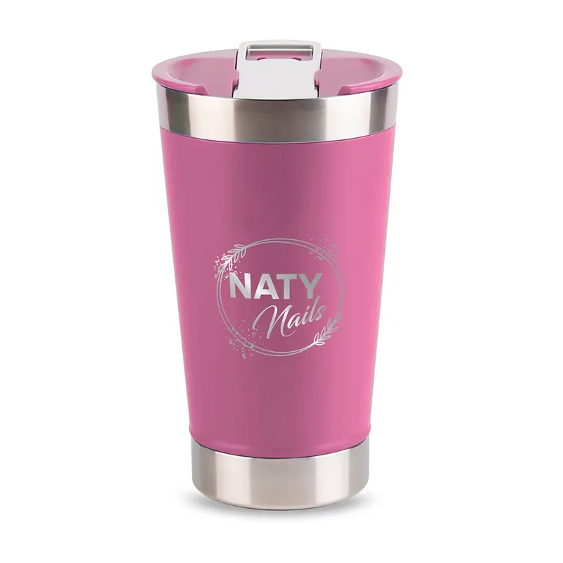 Copos · Gravação Frontal · Copos Térmicos · Modelo com Abridor · 470ml · Linha Premium · Rosa com Tampa personalizado com a sua marca