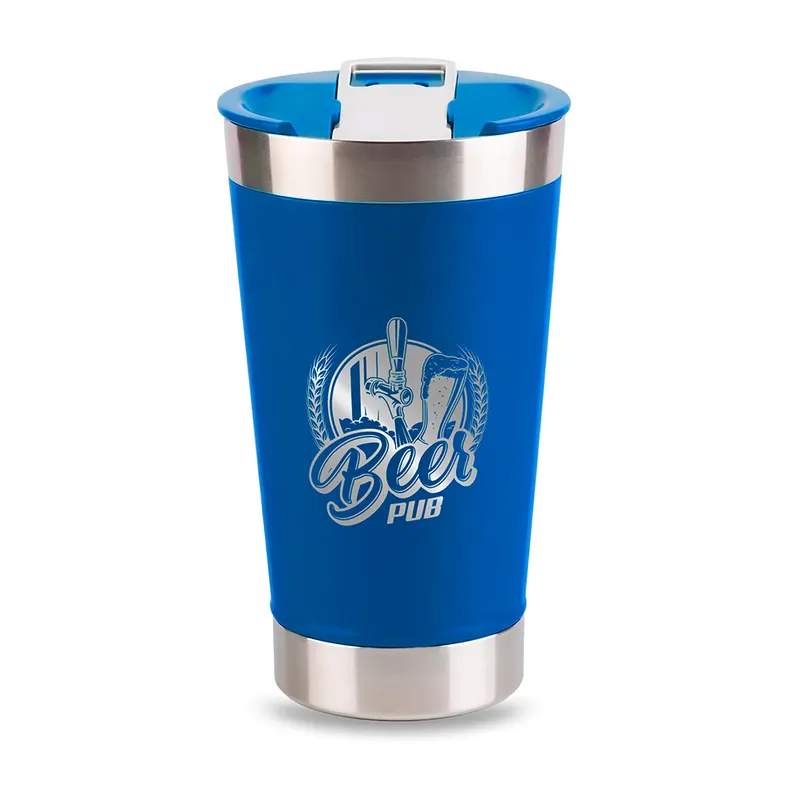 Copos · Gravação Frontal · Copos Térmicos · Modelo com Abridor · 470ml · Linha Premium · Azul com Tampa personalizado com a sua marca