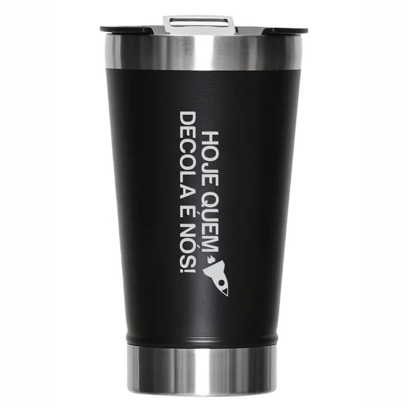 Copos · Gravação Frontal · Copos Térmicos · Modelo com Abridor · 470ml · Linha Premium · Preto com Tampa personalizado com a sua marca