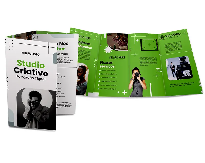 Folders e Mala Direta · Apergaminhado 150g · 3 Dobras personalizado com a sua marca