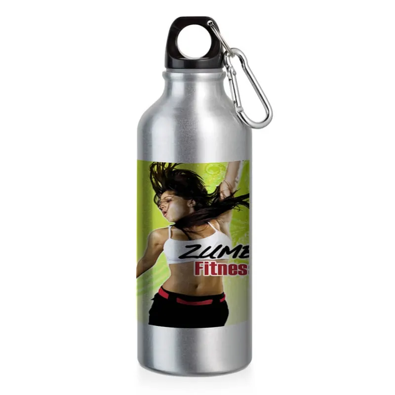 Squeeze de Alumínio · Modelo Erald com Mosquetão · Com Sublimação · 500ml · Linha Promocional · Cromada personalizado com a sua marca