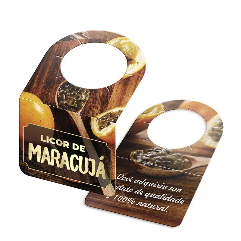 Tags para Garrafa · Couchê 300g · Hot Stamping · Lam Fosca Fv e Hotstamping Fr personalizado com a sua marca