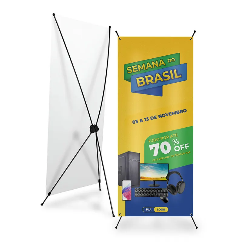 X Banner Ou Indoor · Kit Completo Bandeira e Suporte X · Lona Front Light personalizado com a sua marca